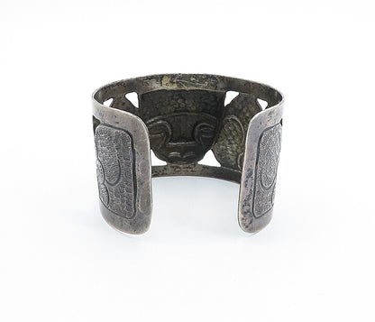 925 Sterling Silver Vintage Antique Oxidized Carved Face Cuff Bracelet BT2059