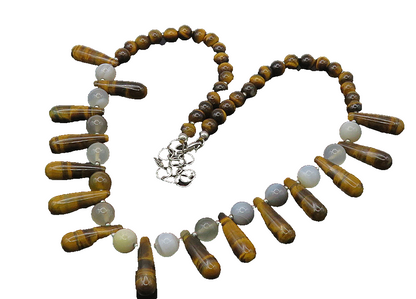925 Sterling Silver  Vintage Agate & Tiger's Eye Beaded Chain Necklace  NE3594