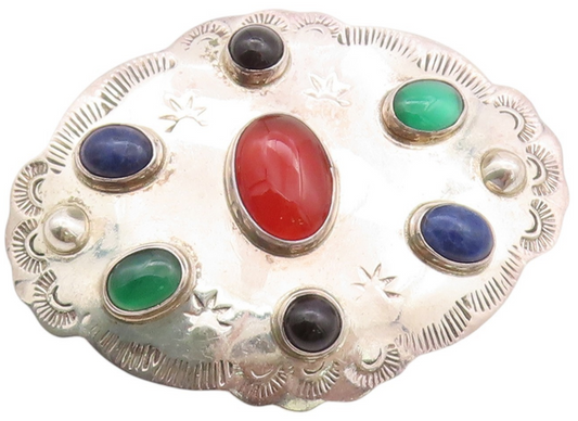 925 Sterling Silver Vintage Brooch Cabochon Multi Color Gemstones Etched BP11680