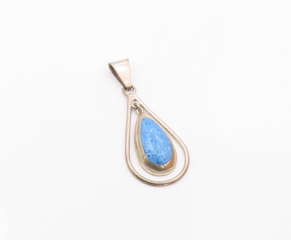 MEXICO 925 Sterling Silver  Vintage Blue Turquoise Tear Drop Pendant  PT7757