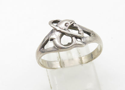 925 Sterling Silver  Vintage Shiny Dolphin & Hoop Band Ring Sz 8  RG21420