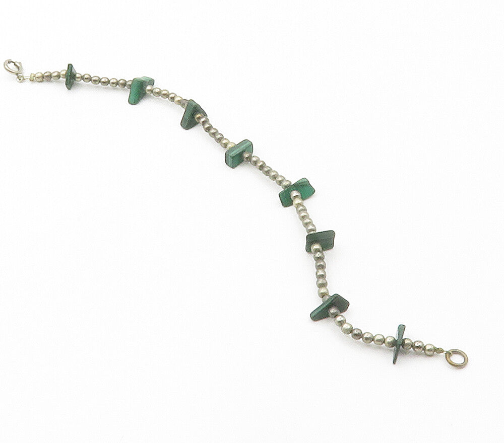925 Sterling Silver  Vintage Malachite Beaded Smooth Chain Bracelet  BT5916