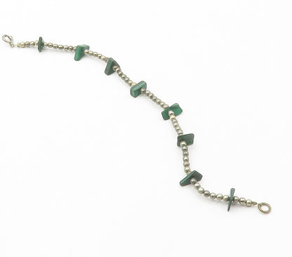 925 Sterling Silver  Vintage Malachite Beaded Smooth Chain Bracelet  BT5916