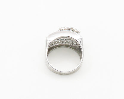 925 Silver  Cubic Zirconia Floral Motif Shiny Cocktail Ring Sz 9  RG19453