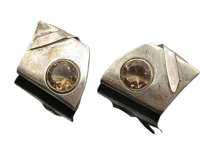 925 Sterling Silver  Vintage Smoky Topaz Modernist Folded Drop Earrings EG6355