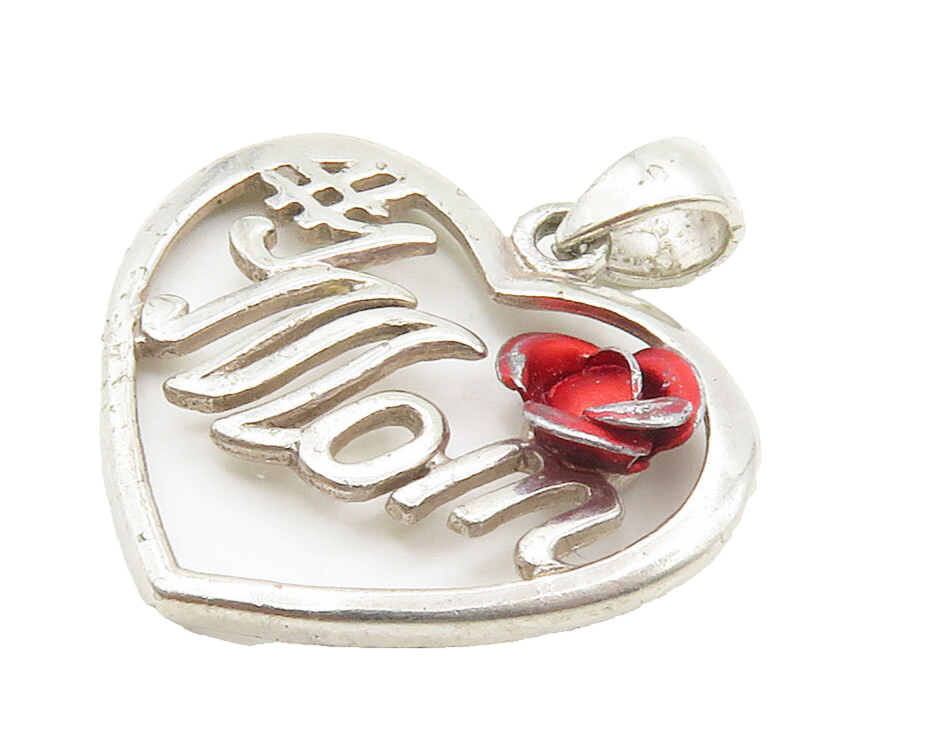 925 Sterling Silver  Vintage Shiny Number One Mom Love Heart Pendant  PT11983