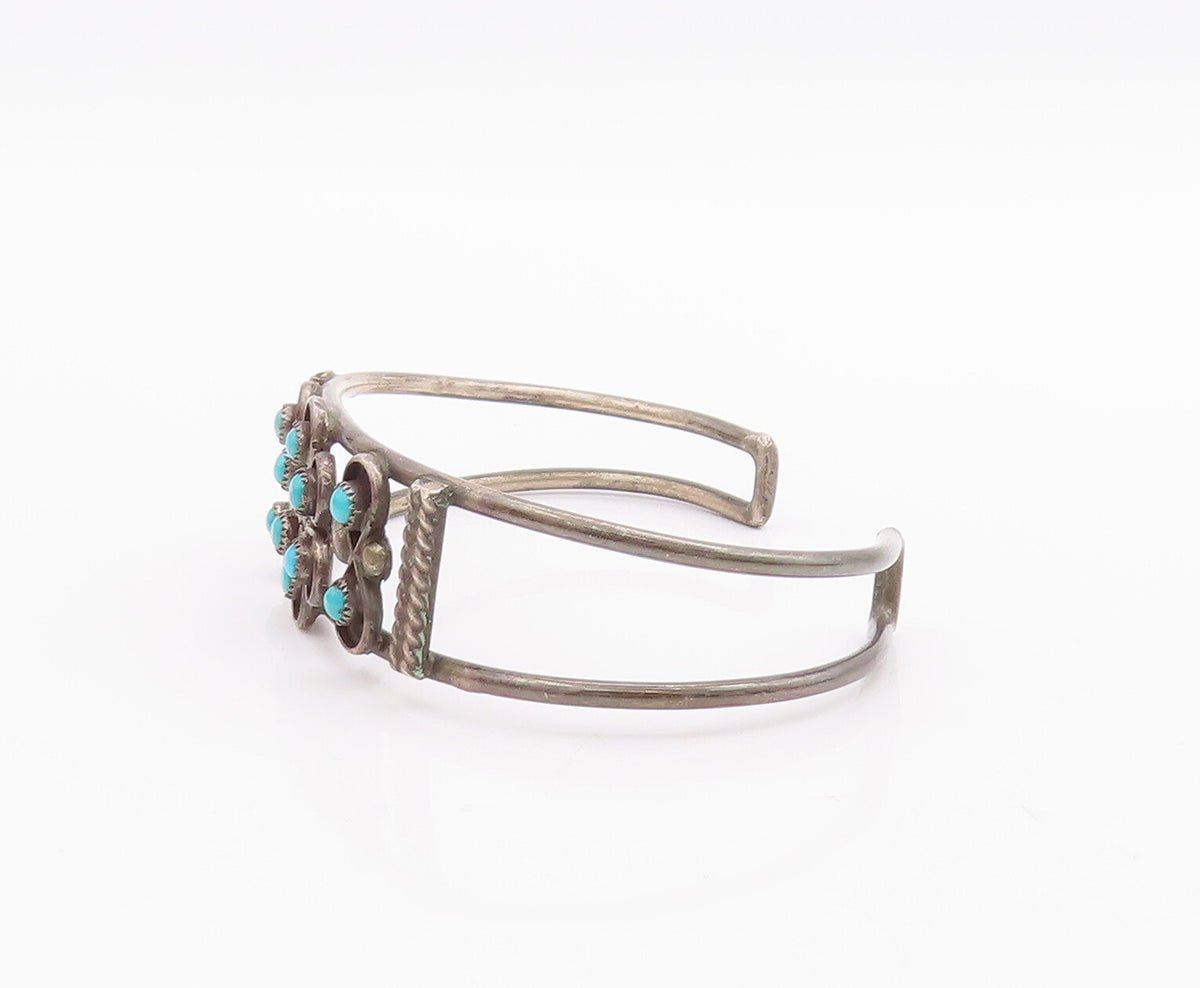 925 Sterling Silver Vintage Bracelet NAVAJO Floral Cutout Turquoise Cuff BT10522