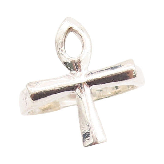 925 Sterling Silver Vintage Ring Religious Ankh Cross Cutout  Sz 9.5  RG33059