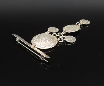 MEXICO 925 Silver  Vintage Swirl Dome Coin Chain Dangle Brooch Pin  BP9894