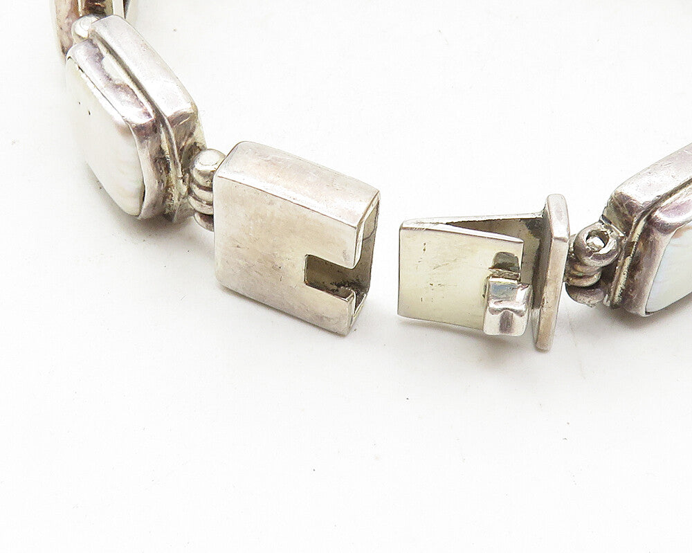 925 Sterling Silver  Vintage Pearls Square Hinge Link Chain Bracelet  BT4443