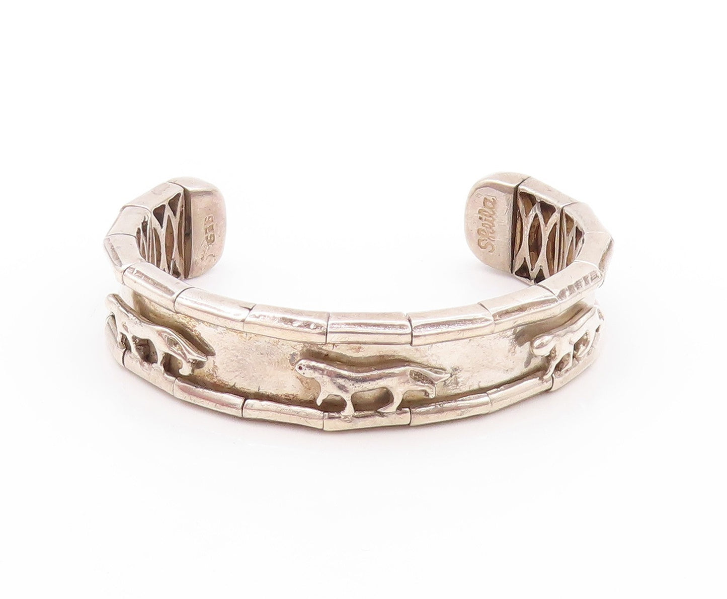 925 Sterling Silver Vintage Bracelet SHEILA Solid Walking Tigers Cuff  BT11193