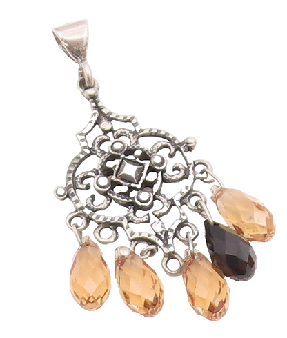 925 Sterling Silver  Vintage Citrine & Black Spinel Dangling Pendant  PT18775