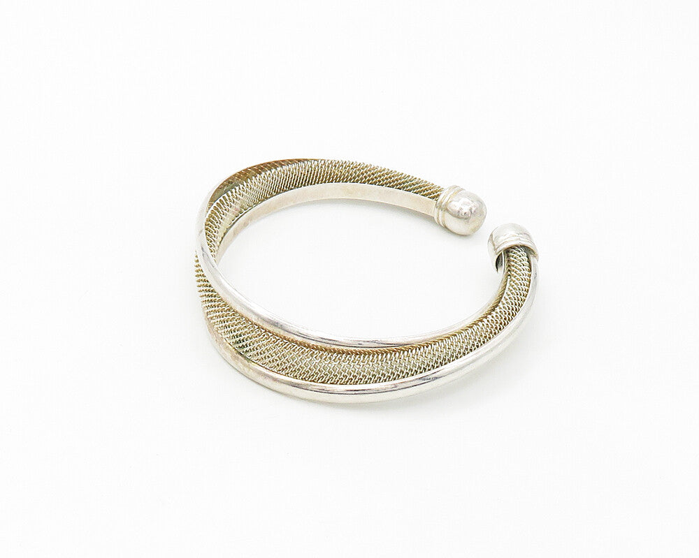 925 Sterling Silver  Vintage Shiny Mesh Detail Split Cuff Bracelet  BT6632
