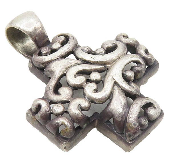 925 Sterling Silver  Vintage Dark Tone Cutout Swirl Cross Pendant  PT7792