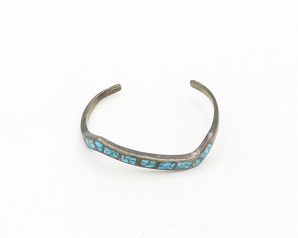 ZUNI 925 Sterling Silver  Vintage Inlaid Turquoise Petite Cuff Bracelet BT7804