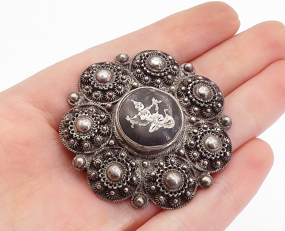 SIAM 925 Sterling Silver  Vintage Antique Niello Dancer Brooch Pin  BP1183