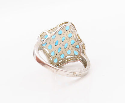 925 Sterling Silver Vintage Ring Drop Cut Blue & White CZ Inlay  SZ 10  RG32039