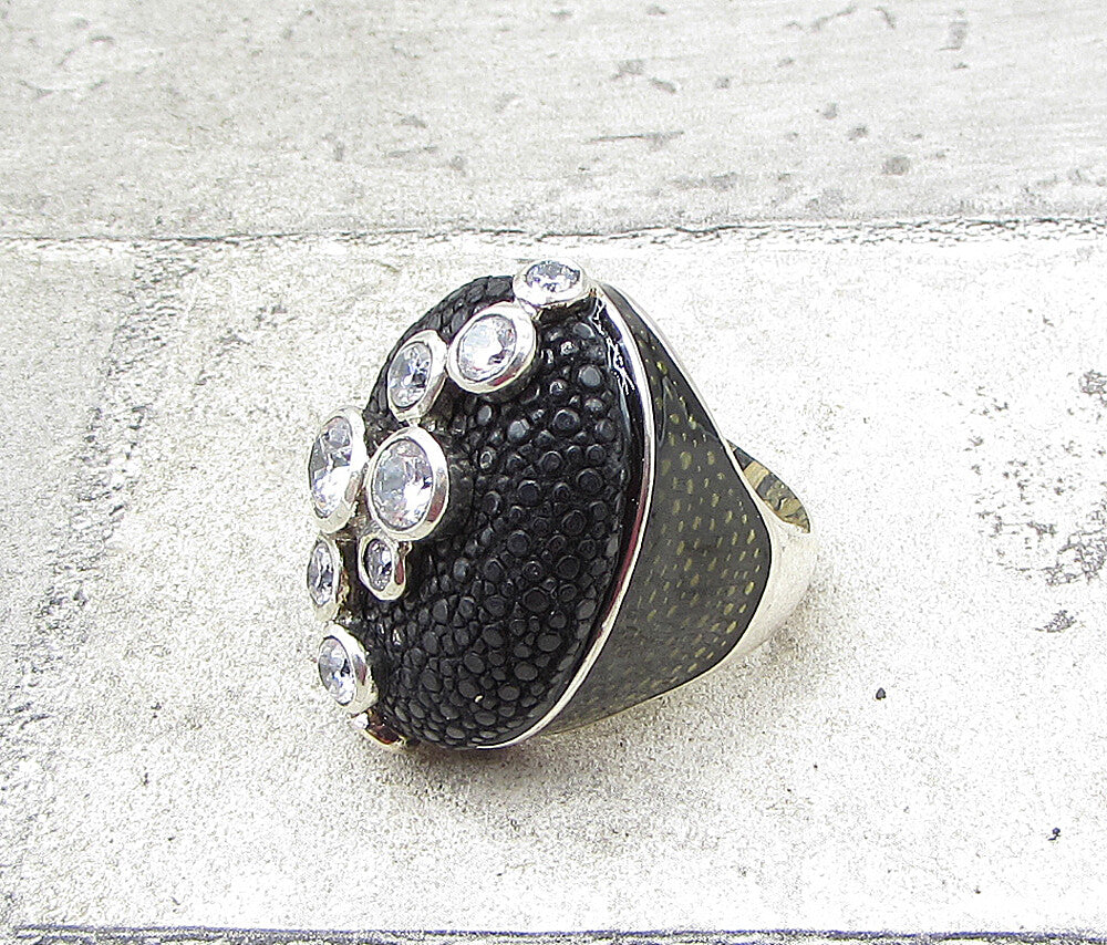 925 Sterling Silver Topaz Pattern Oval Crocodile Skin Leather Ring Sz 8.5 RG1657