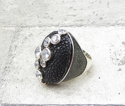 925 Sterling Silver Topaz Pattern Oval Crocodile Skin Leather Ring Sz 8.5 RG1657
