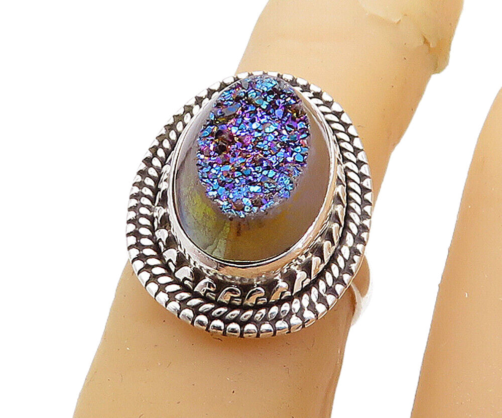 925 Sterling Silver  Purple Druzy Stone Shiny Twist Cocktail Ring Sz 5  RG7821