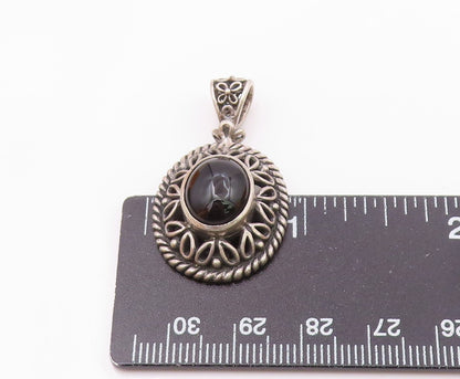 925 Sterling Silver  Vintage Cabochon Black Onyx Floral Dome Pendant  PT17632