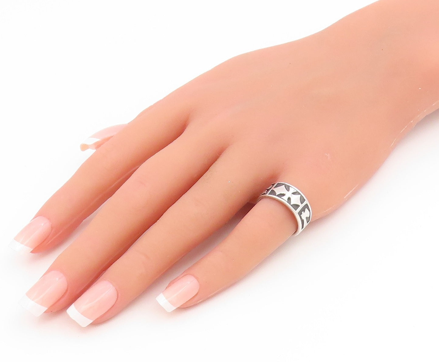 925 Sterling Silver Vintage Ring Modernist Carved Symbols Band  Sz 6  RG35297