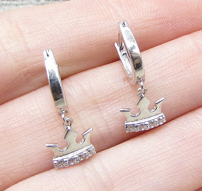 925 Sterling Silver  White Cubic Zirconia Royal Crown Huggie Earrings  EG1080