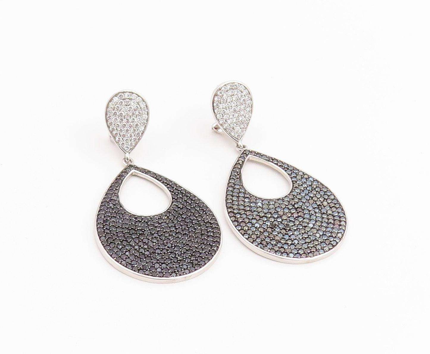 925 Sterling Silver Vintage Earrings Black Spinel & CZ Teardrop Cluster  EG14227