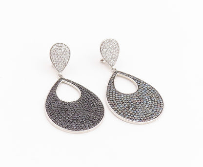 925 Sterling Silver Vintage Earrings Black Spinel & CZ Teardrop Cluster  EG14227