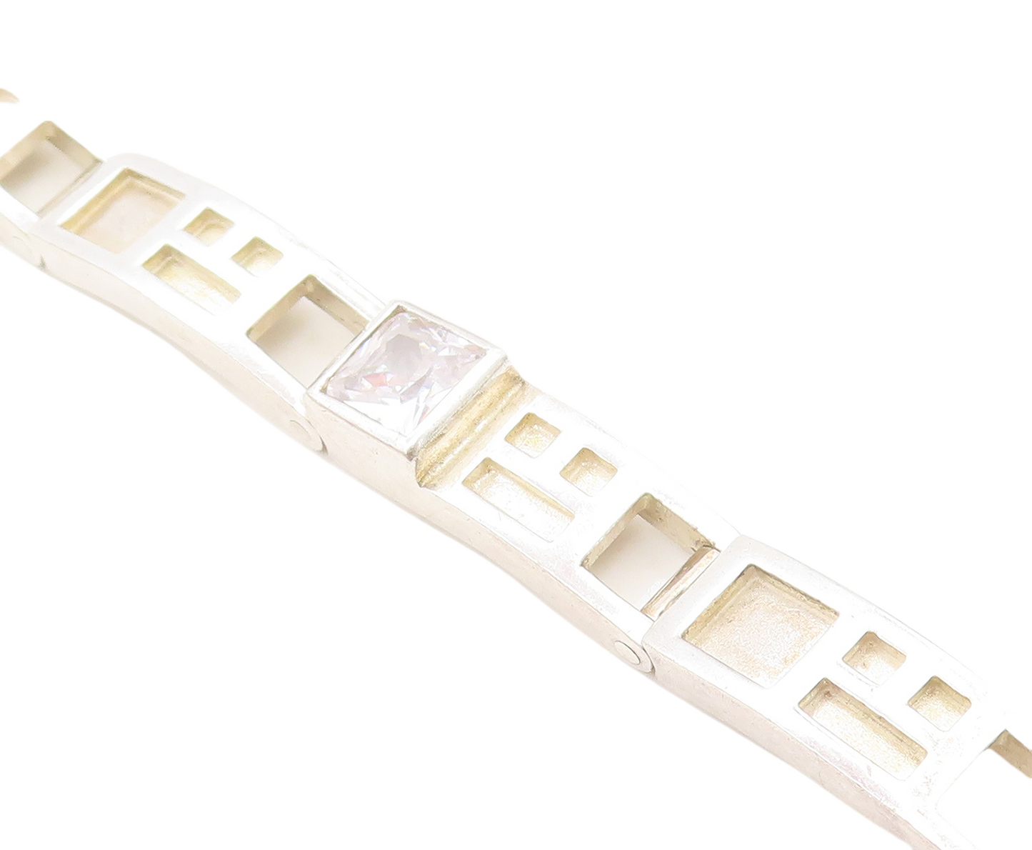 925 Sterling Silver  Cubic Zirconia Square Cutout Bar Chain Bracelet  BT3171