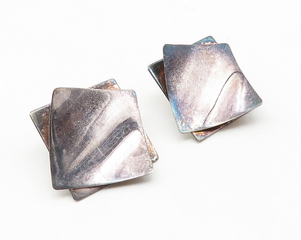925 Sterling Silver  Vintage Modernist Oxidized Square Drop Earrings  EG5578