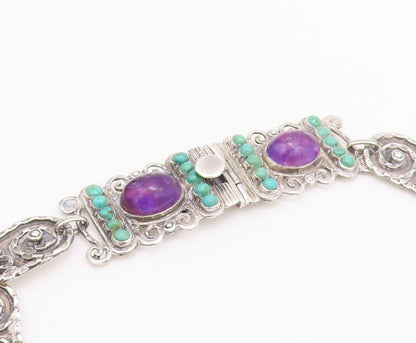 925 Sterling Silver Vintage Necklace MEXICO Real Multi Gemstones Royal  NE4487