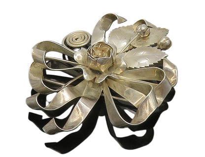 DESIGNER 925 Sterling Silver  Vintage Shiny Floral Ribbon Brooch Pin  BP6202