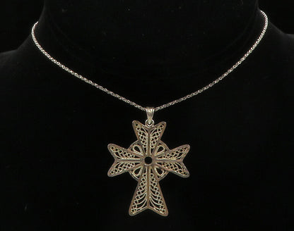 925 Sterling Silver  Vintage Shiny Filigree Cross Chain Necklace  NE2200