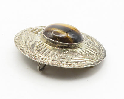 MEXICO 925 Sterling Silver  Vintage Tiger's Eye Shiny Etched Brooch Pin BP4338
