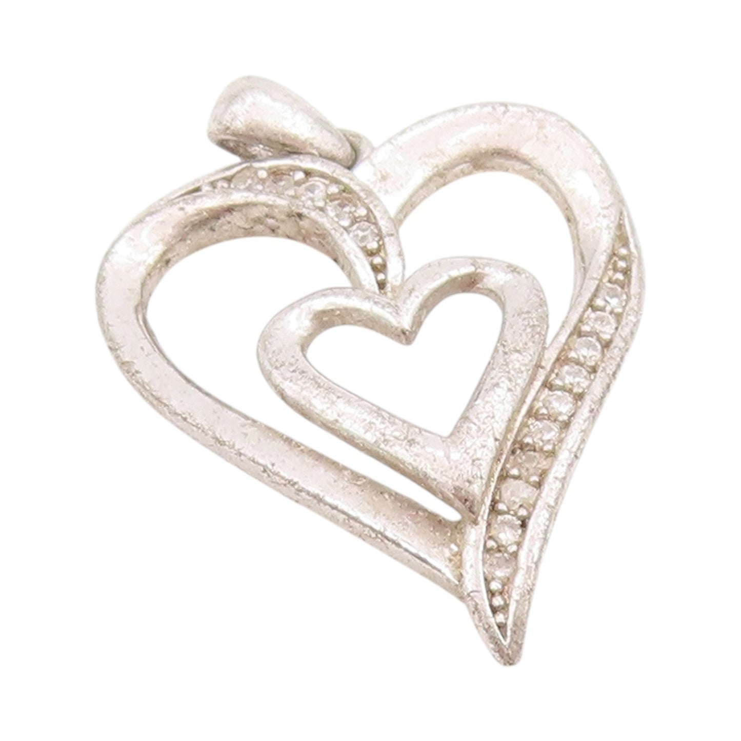 925 Sterling Silver Vintage Pendant Topaz Inlay Double Hearts  PT24412