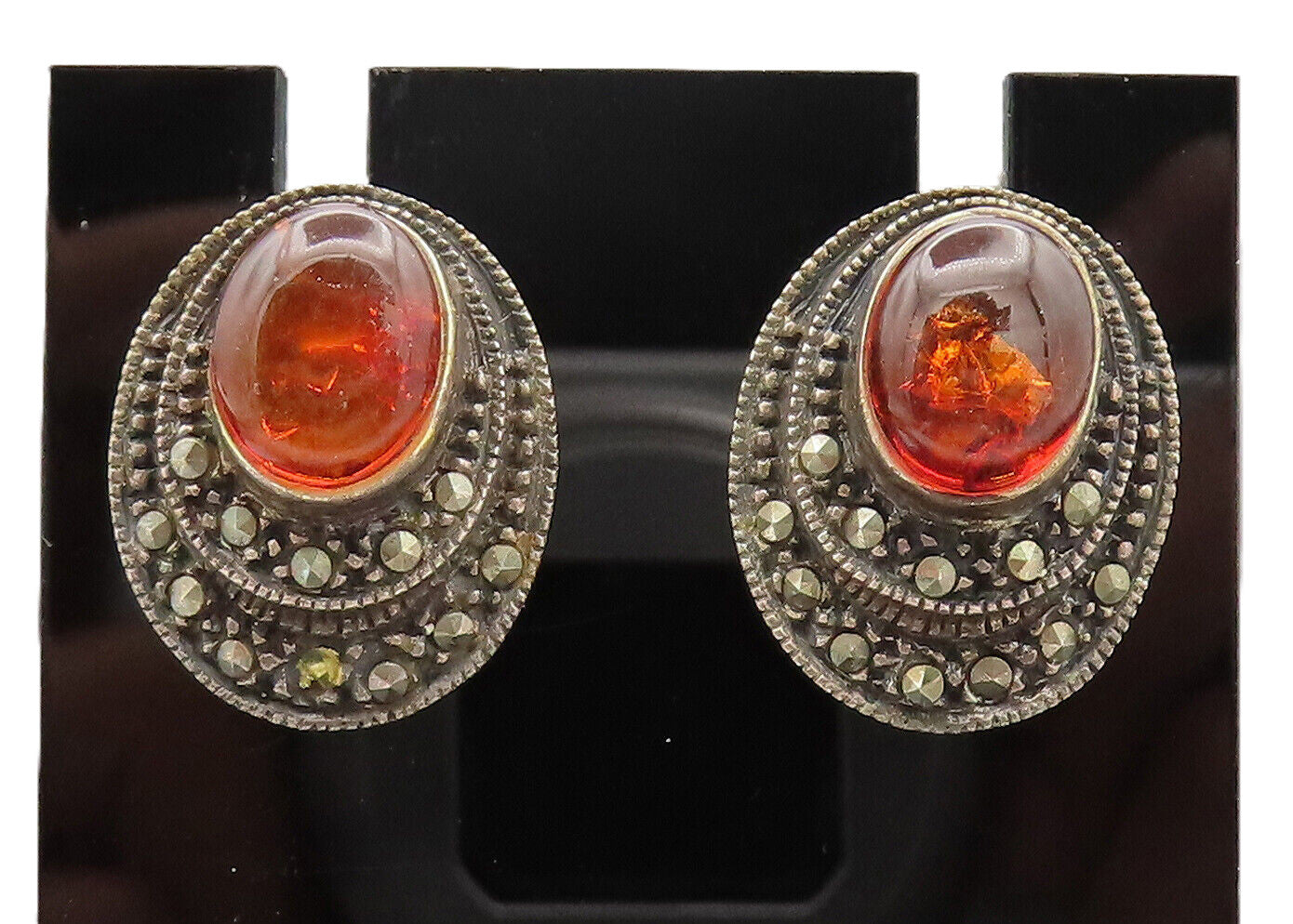 925 Sterling Silver  Vintage Oval Amber Halo Malachite Band Earrings EG12580