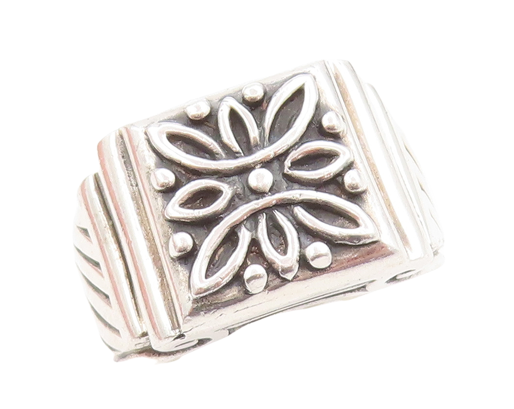 925 Sterling Silver Vintage Ring Solid Dark Tone Floral Carved  Sz 14  RG31600