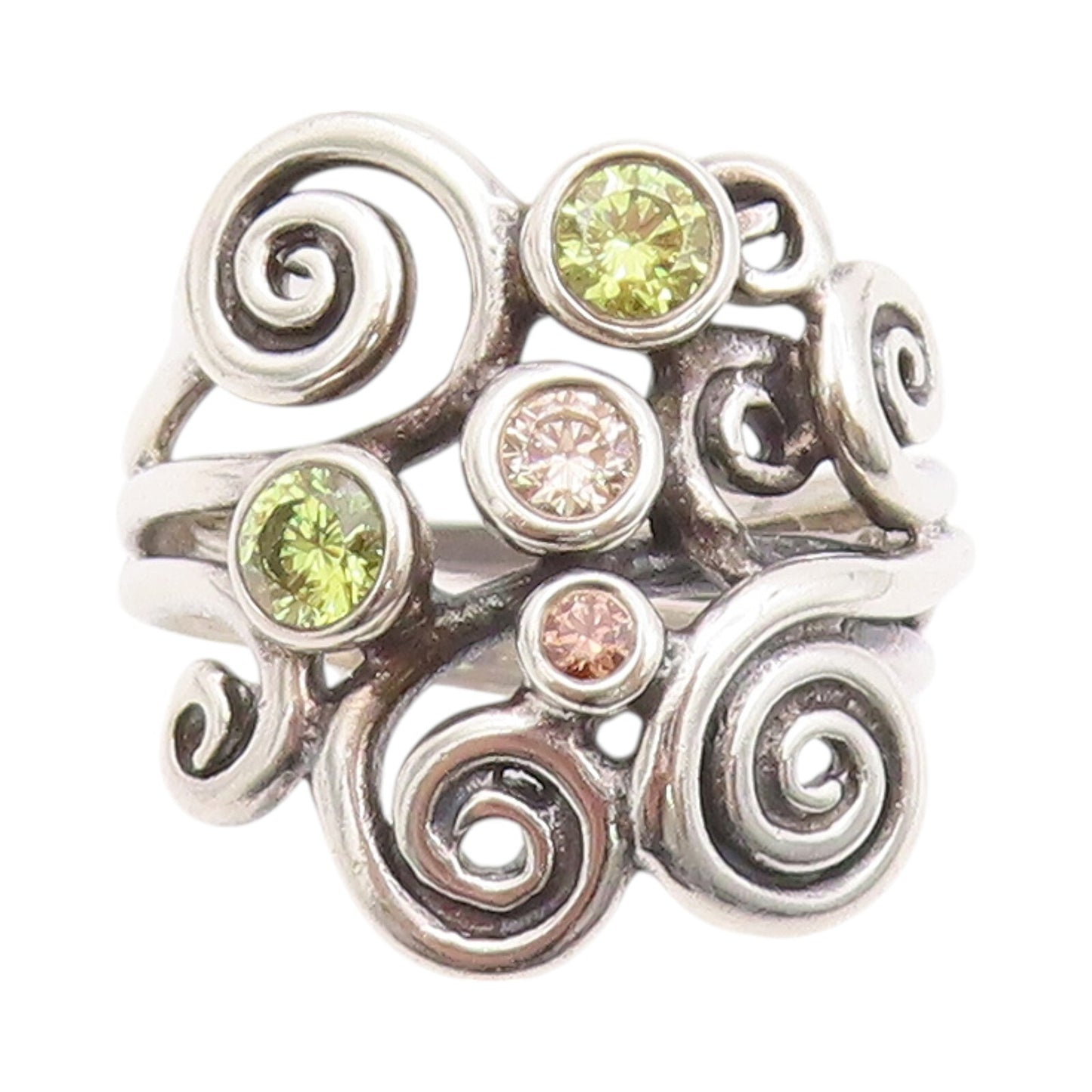 925 Sterling Silver Vintage Ring CZ Peridot Spirals Cutout  Sz 6.5  RG32161