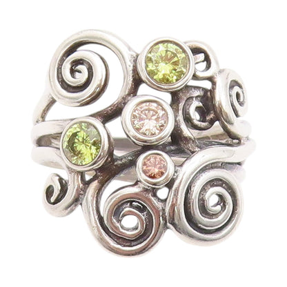 925 Sterling Silver Vintage Ring CZ Peridot Spirals Cutout  Sz 6.5  RG32161