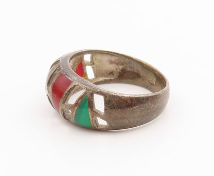 925 Sterling Silver Vintage Ring Multi Gemstone Geometric Cutout  Sz 10  RG35852