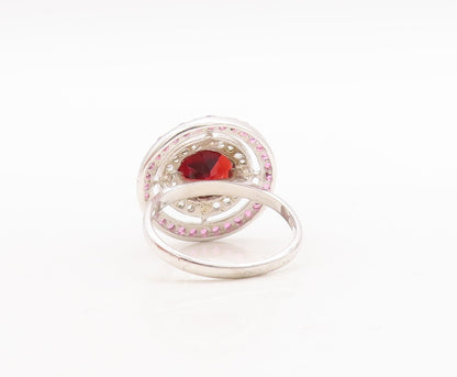 925 Sterling Silver Vintage Ring Round Red & Pink White CZ Rings Sz 7.5  RG29811