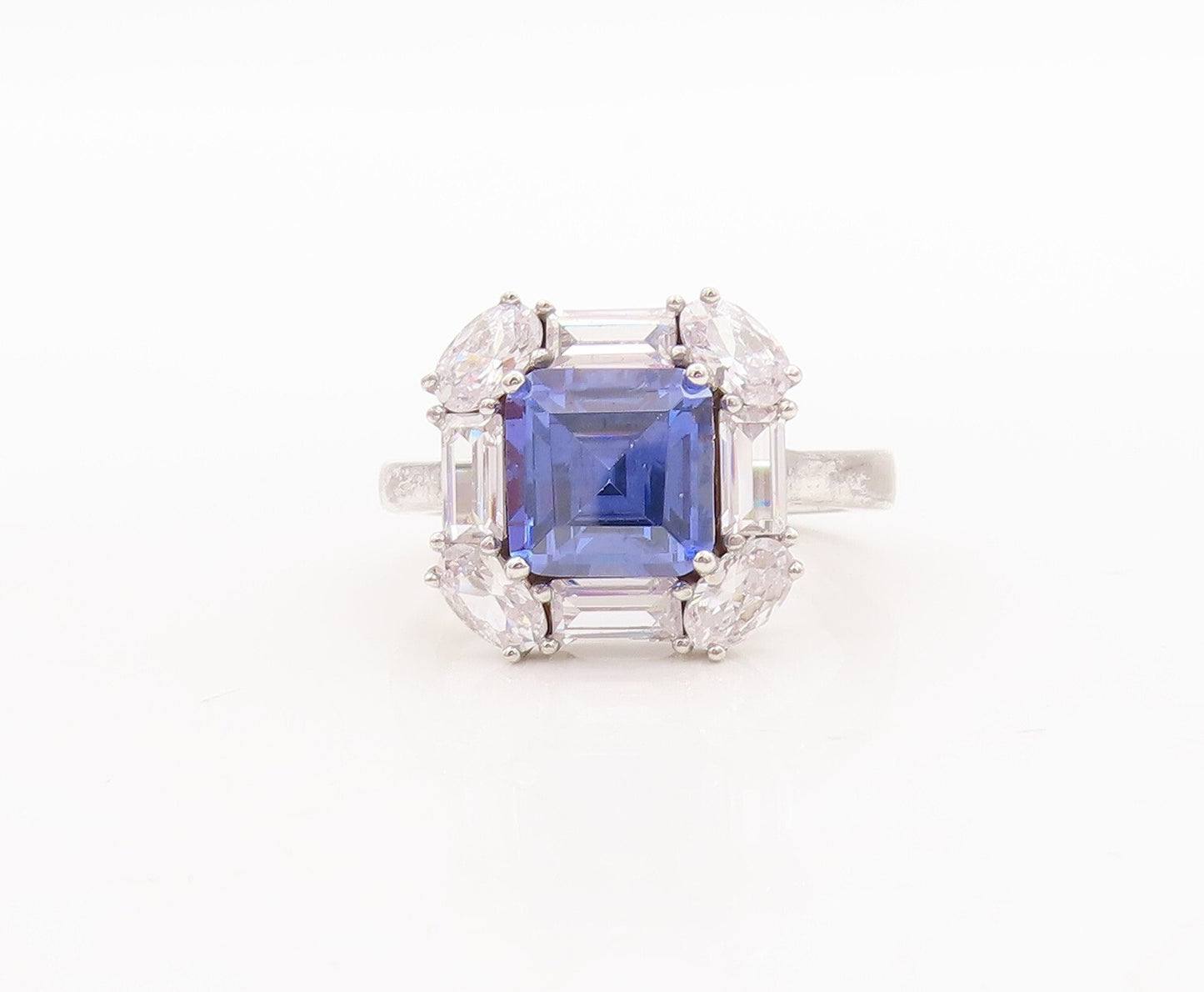 925 Sterling Silver Vintage Ring Square Cut Blue Halo White Topaz  Sz 7  RG29656