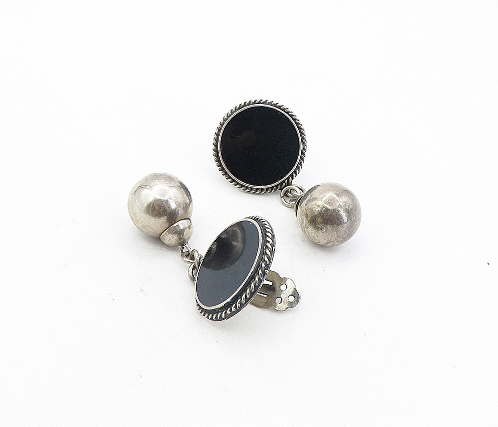 MEXICO 925 Sterling Silver  Vintage Black Onyx Twist Drop Earrings  EG4035