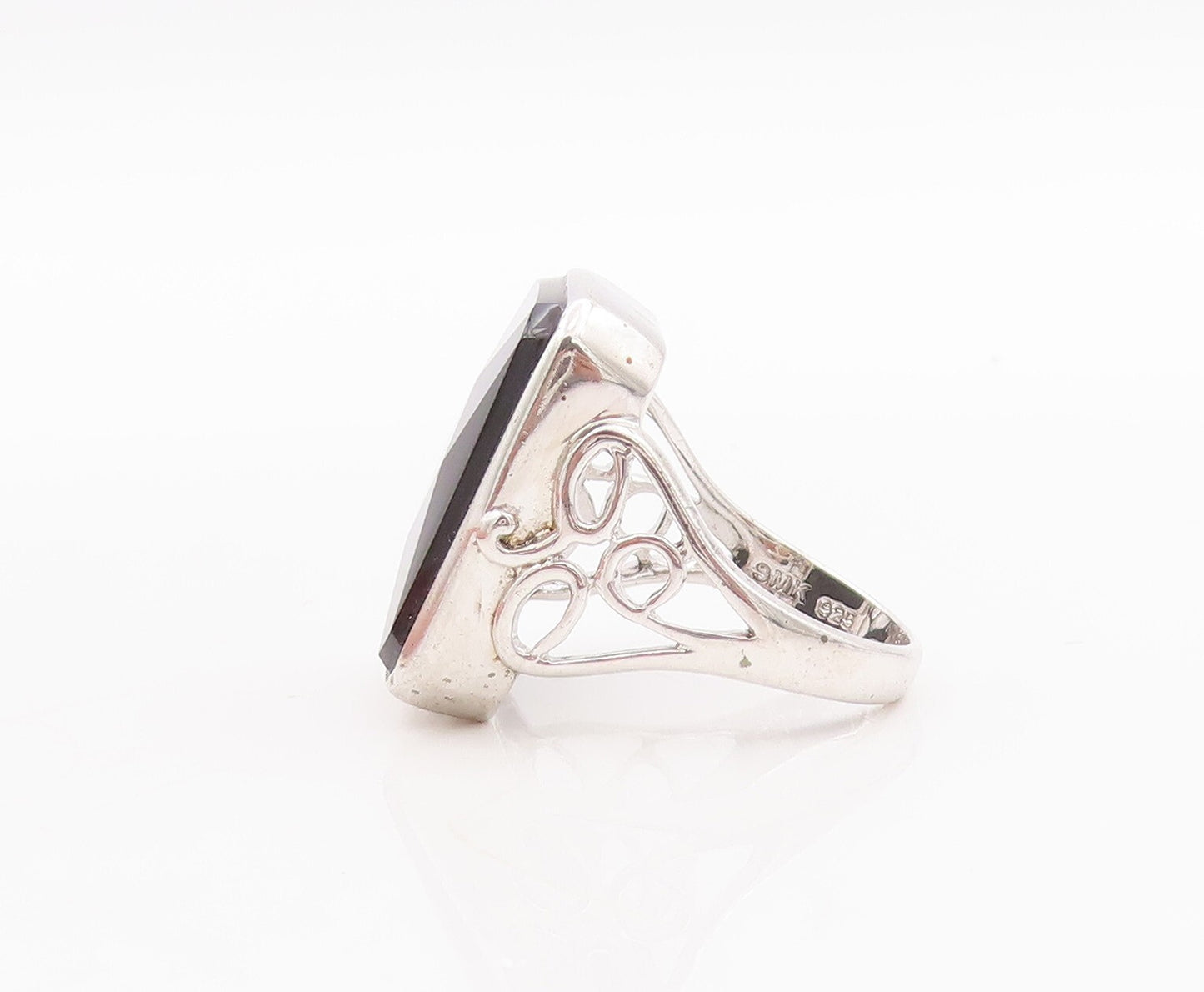 925 Sterling Silver Vintage Ring Rectangle Cut Onyx Carved Band  Sz 6.5  RG29279