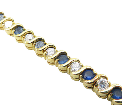 925 Sterling Silver  Sapphire & Cubic Zirconia Shiny Tennis Bracelet  BT3639