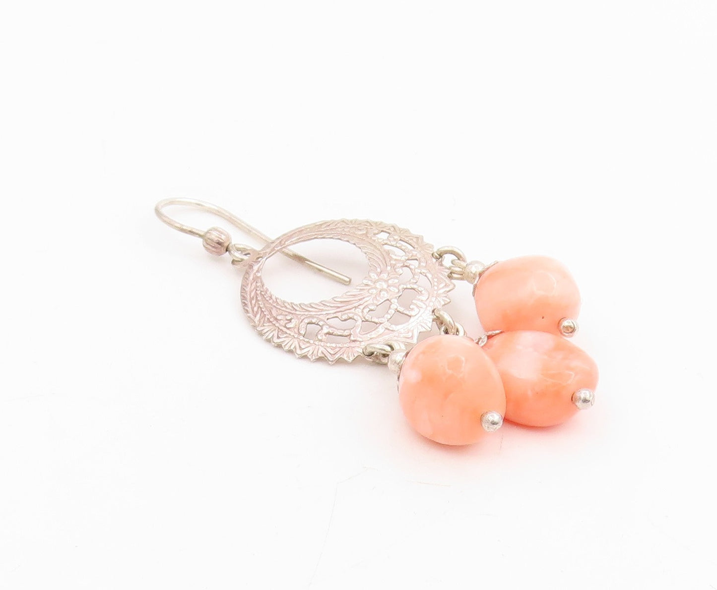 925 Sterling Silver Vintage Earrings POLAND Peach Gemstone Chandelier  EG13991