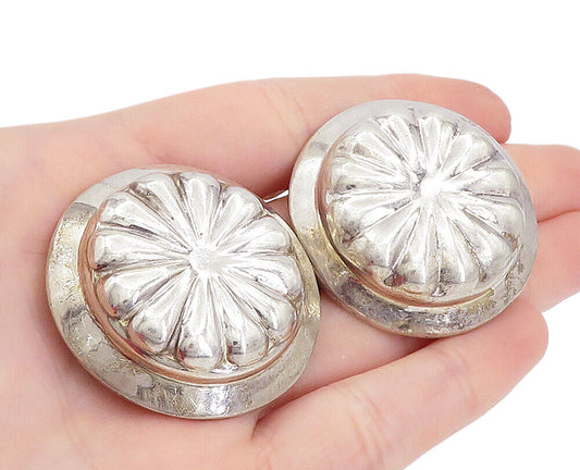 MEXICO 925 Silver  Vintage Shiny Hollow Floral Non Pierce Earrings  EG2867