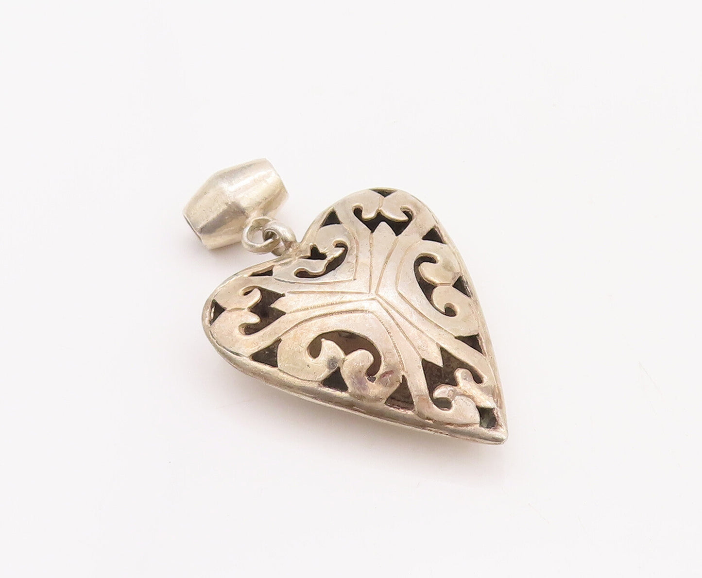 925 Sterling Silver Vintage Pendant Solid Large Swirly Carved Heart  PT23183