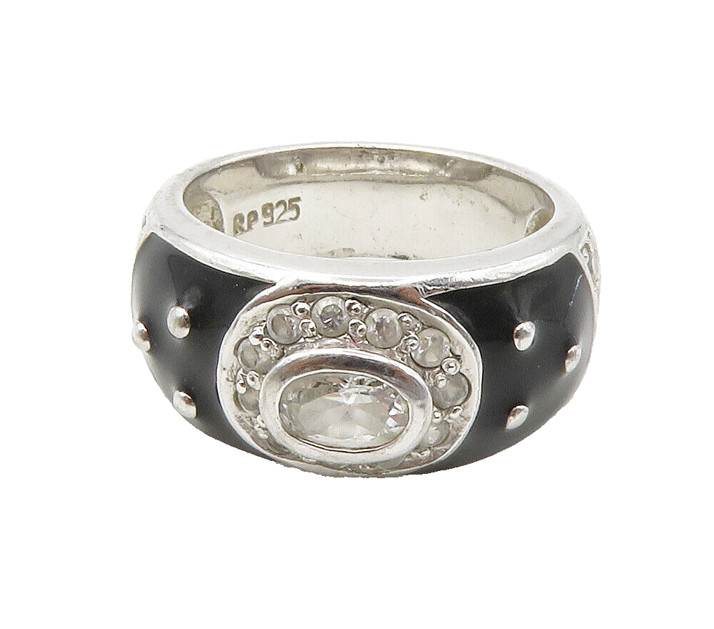 925 Sterling Silver  Topaz & Black Enamel Shiny Band Ring Sz 8  RG15215